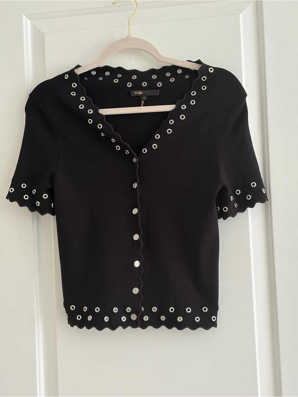 Maje Black Grommets -Trim Short Sleeve Button Down Top